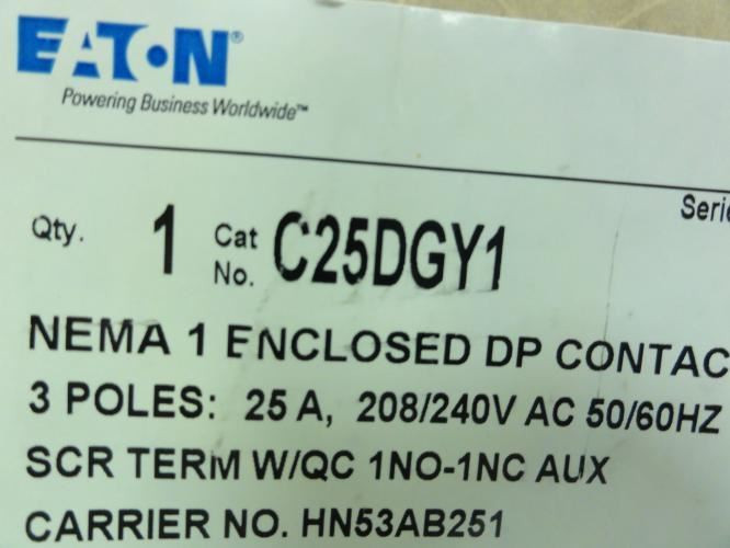 Eaton C25DGY1; Contactor 25A; 600V; 3P; Coil: 240VAC