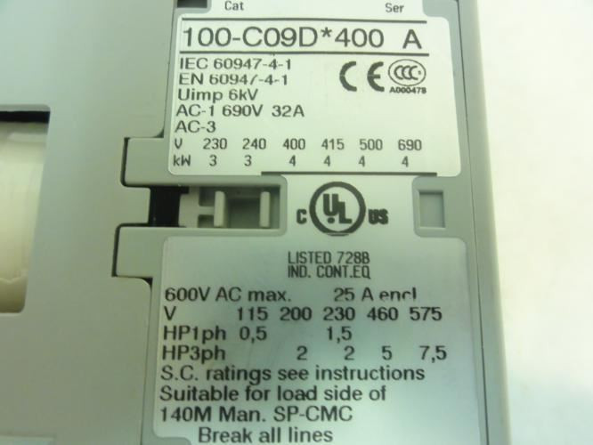 Allen-Bradley 100-C09DJ400; Contactor 9A 3P 600V Coil: 24VDC