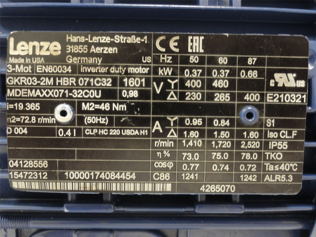 Lenze GKR03-2M HBR 071C32; Gear Motor; 0.37kW; 460V 1720r/min