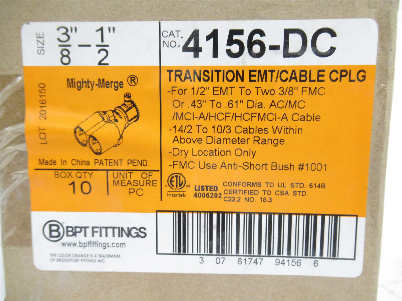 Bridgeport 4156-DC; Box-10; Combo Couplings; 3/8"-1/2"; EMT