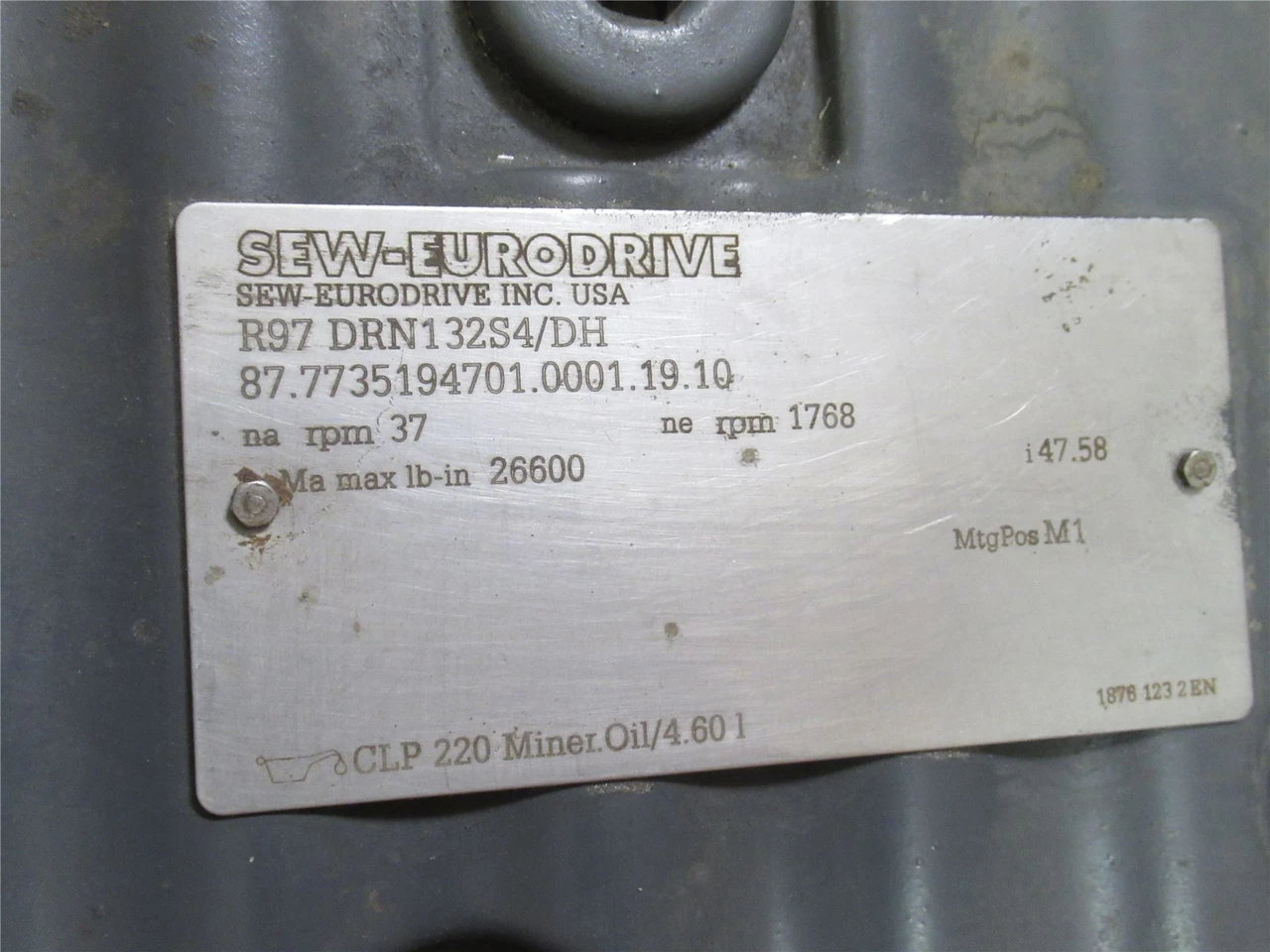 SEW R97 DRN132S4/DH; AC Gearmotor; 47.58:1 Ratio; 230/460V; 1800RPM