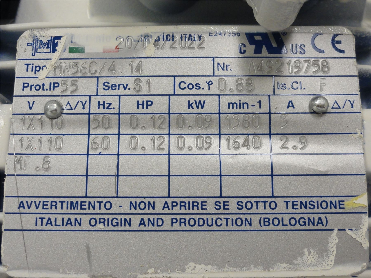 Frigoscandia A49219758; Electric Motor; 0.12HP; 110VAC