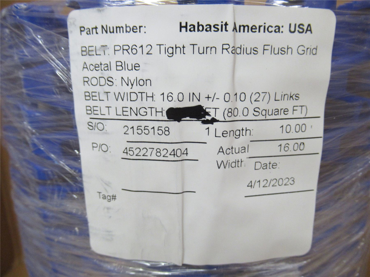 Habasit PR612; Tight Turn Radius Flush Belt; 16" W x 10' Long