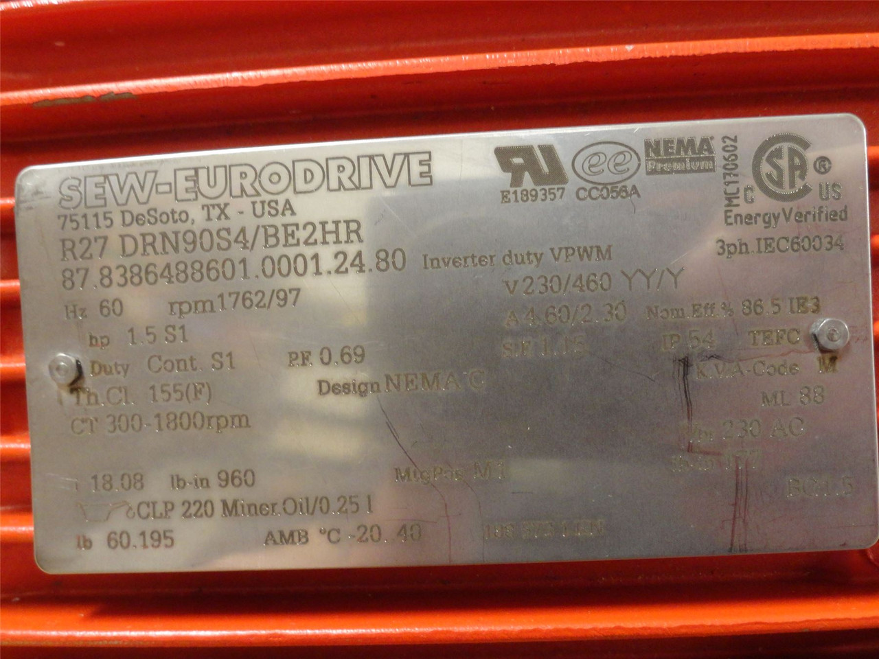 SEW R27DRN90S4/BE2HR; AC Motor-Gearbox; 18:1 Ratio; 1-1/2HP