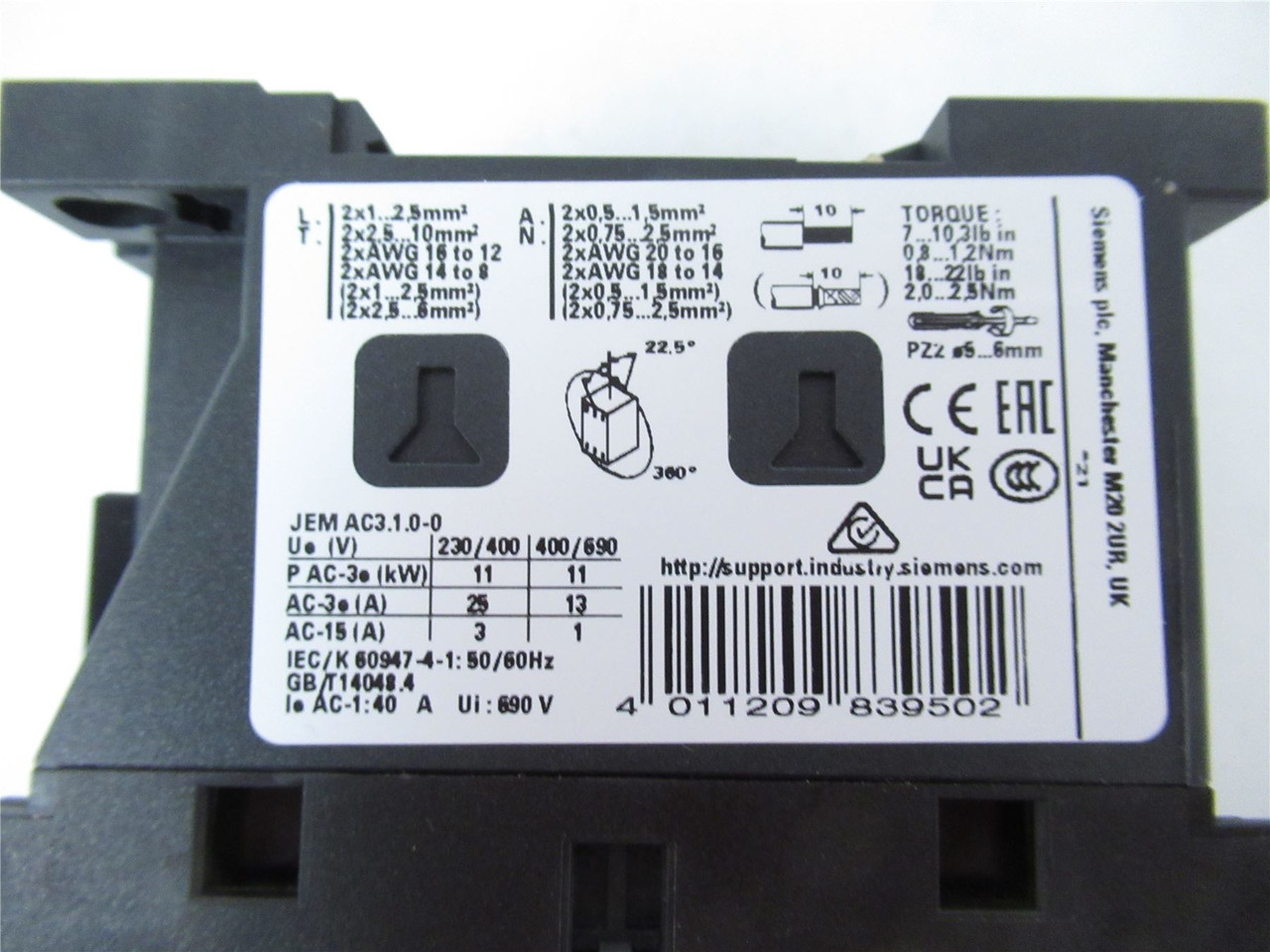 Siemens 3RT2026-1AP60; Contactor 25A 3-Pole Coil 220vac
