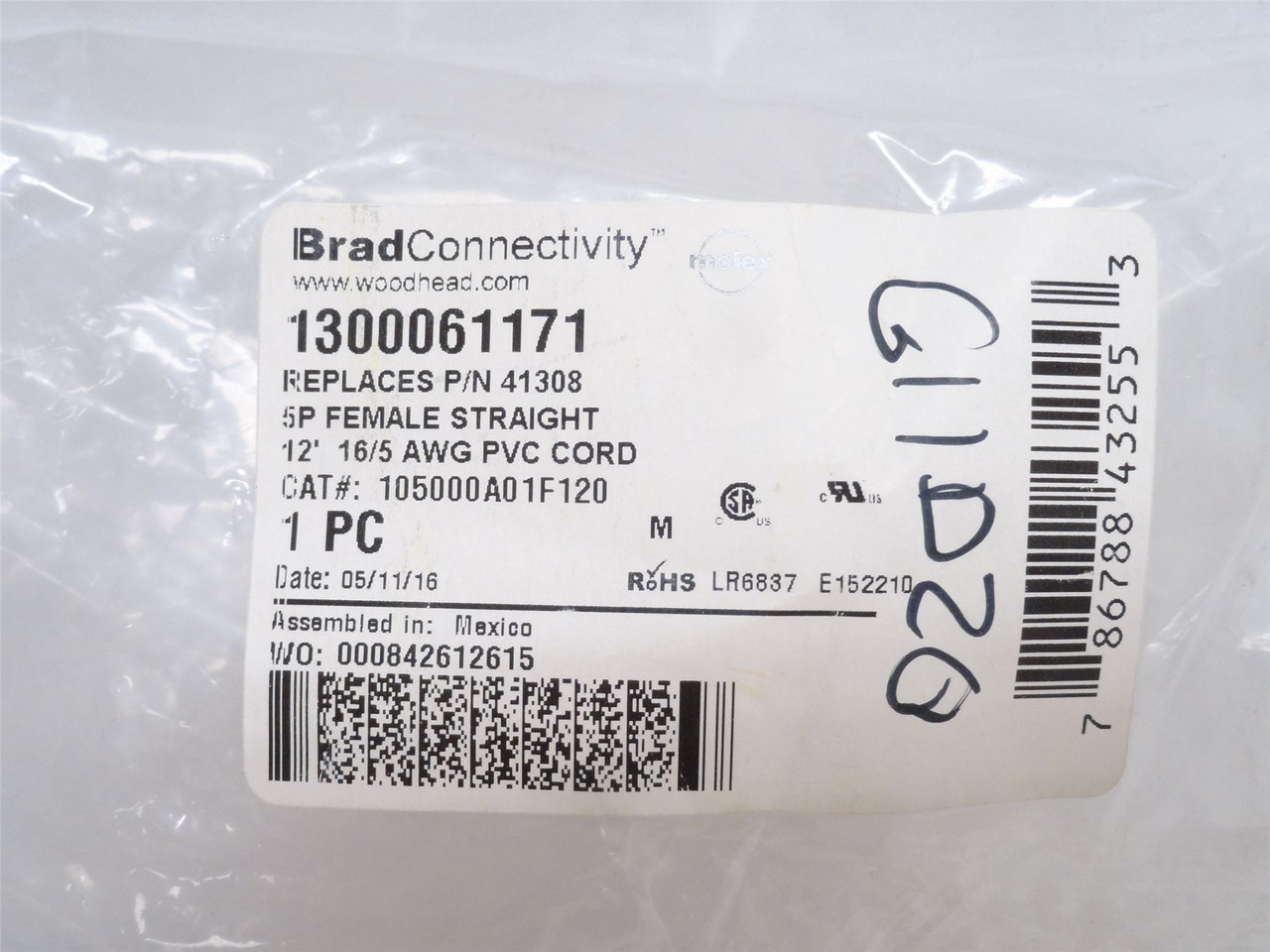 Woodhead 1300061171; Straight Female Cordset 105000A01F120