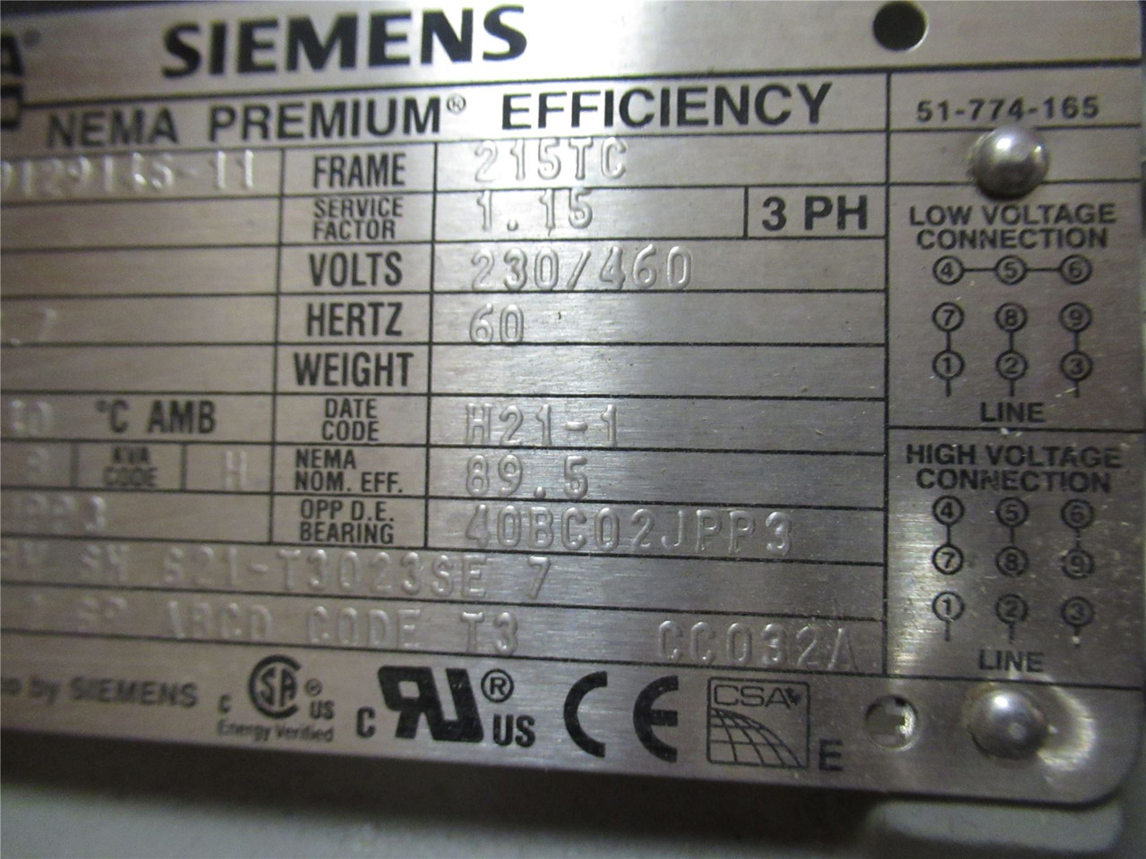 Siemens 1LE23212AC214EA3Z; AC Motor; 5HP; 230/460V; 1165RPM