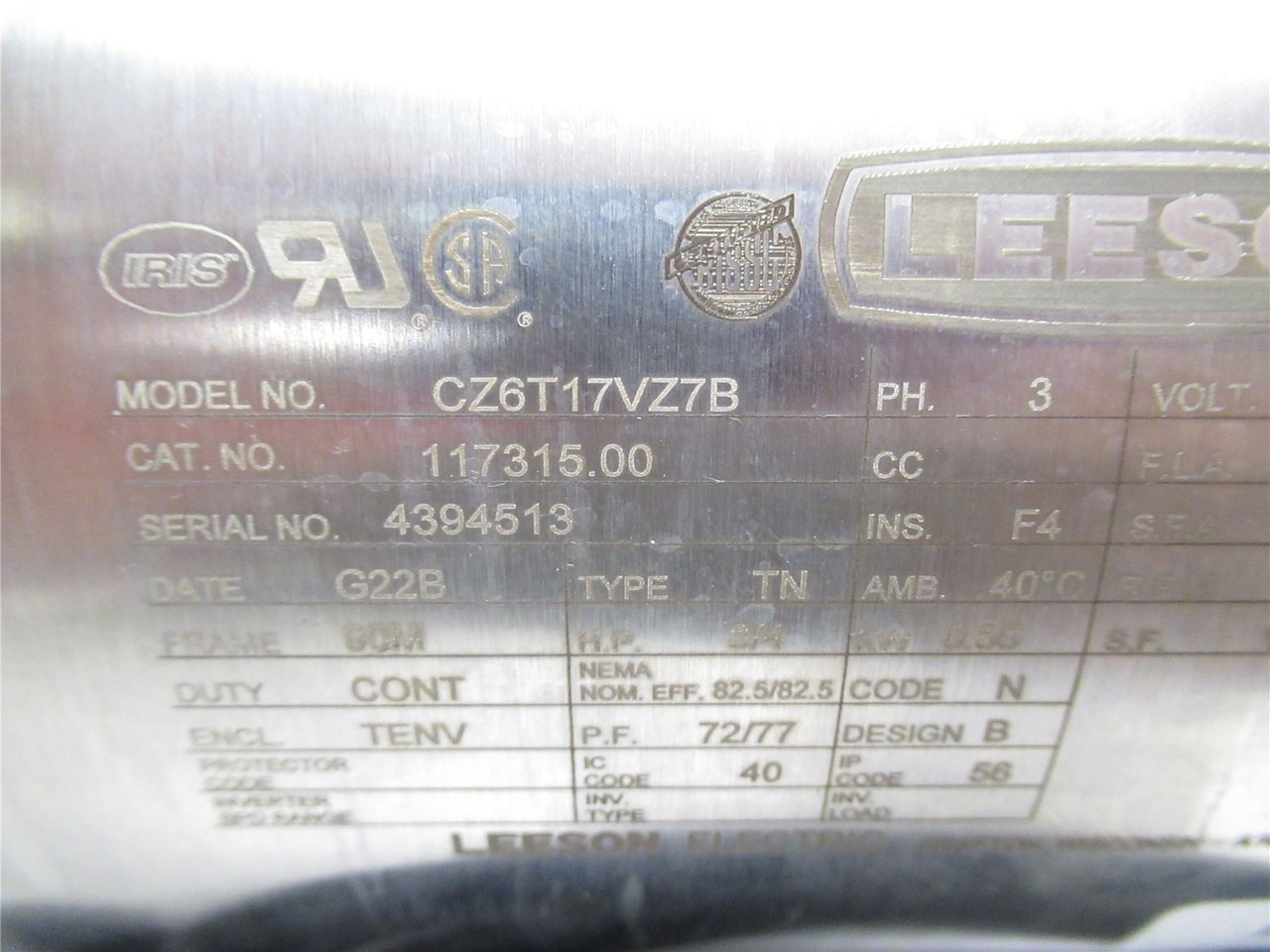 Leeson 117315; Marel Motor 4394513; SS 3/4HP; 460V; 1750RPM
