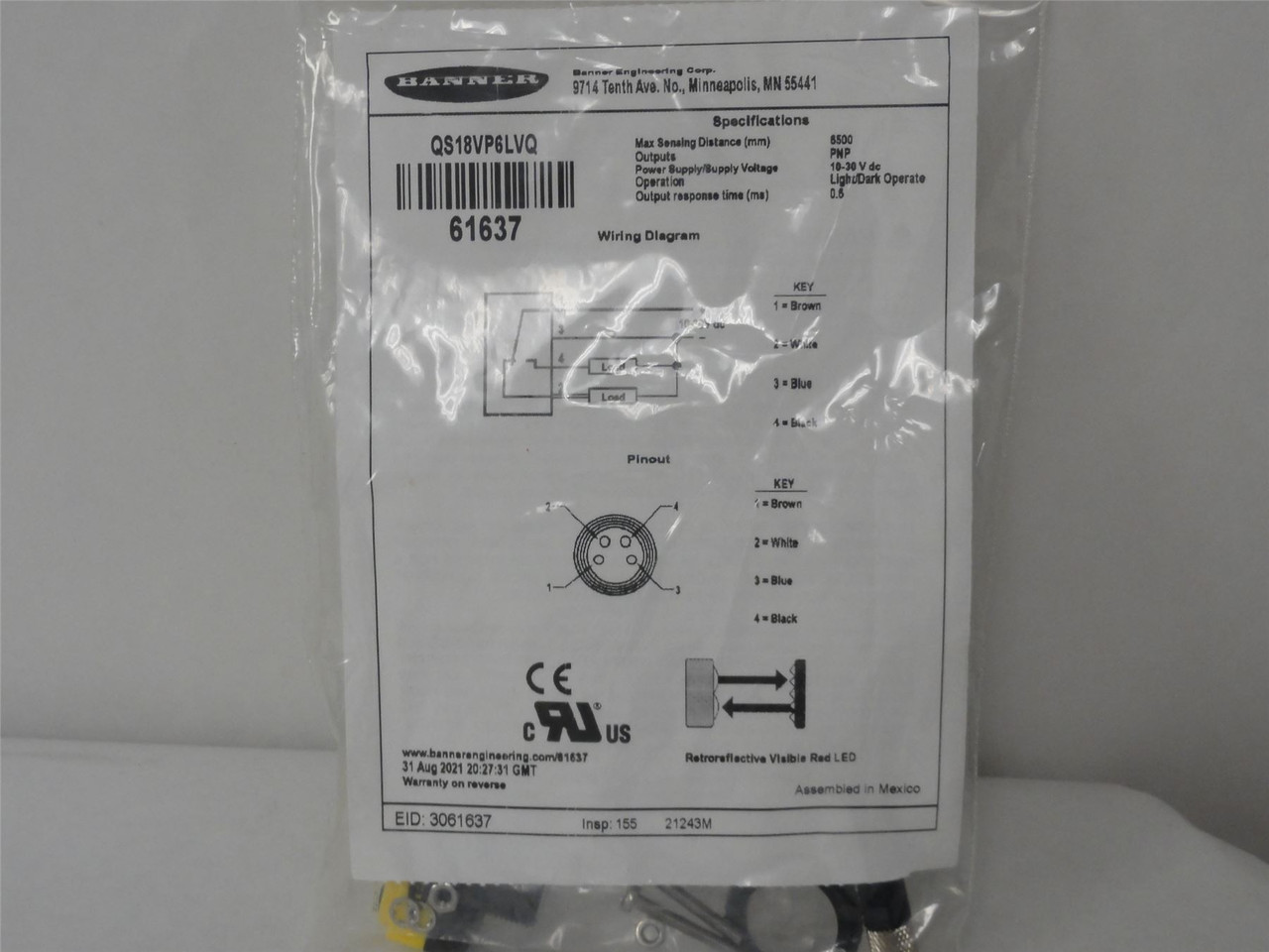 Banner QS18VP6LVQ; Photo Sensor; 10-30VDC; 6.5M Range; 61637