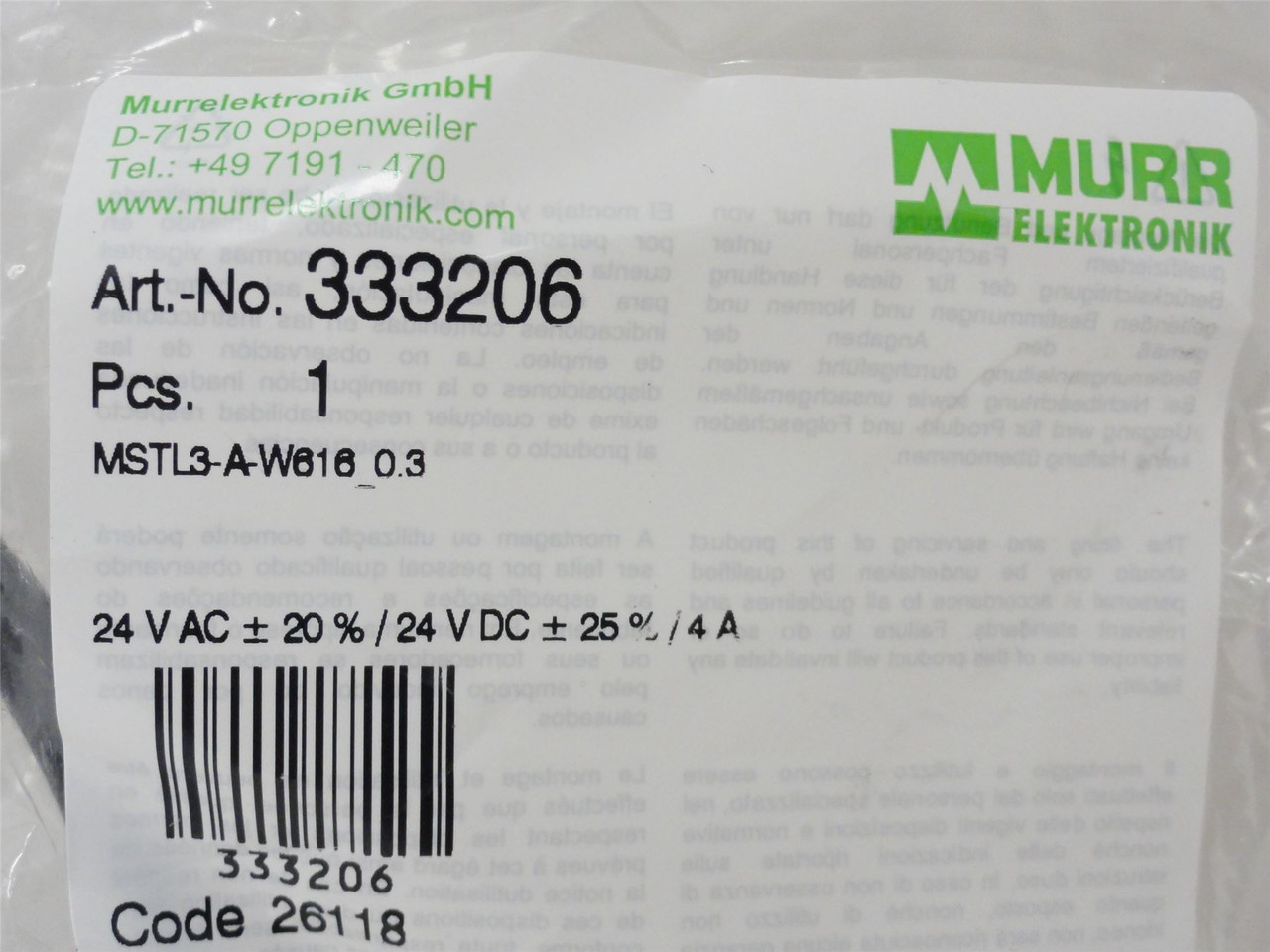 Murr 333206; Connector Assembly; MSTL3-A-W616_0.3