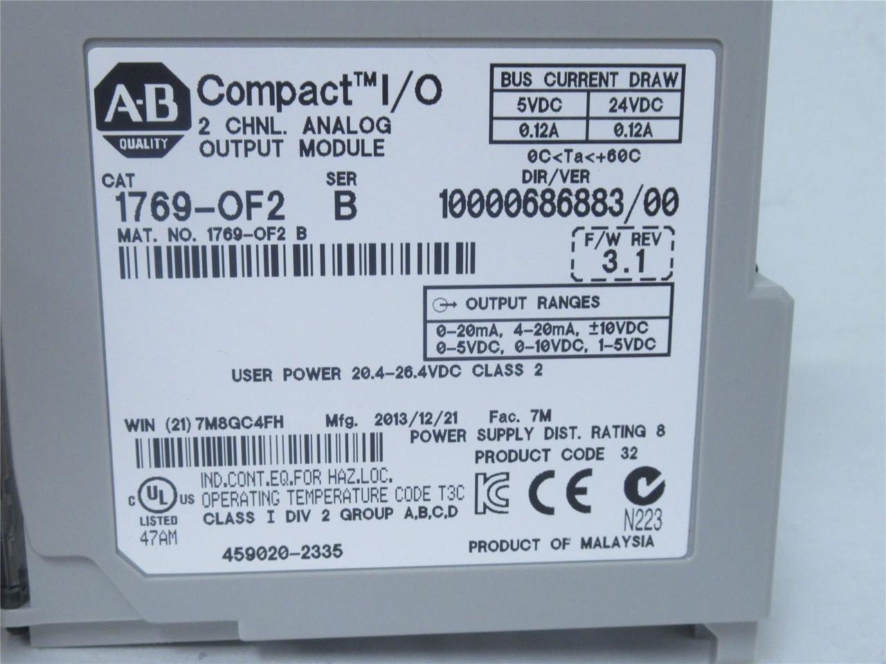 Allen-Bradley 1769-0F2; CompactLogix; I/O  Module; 5-24VDC