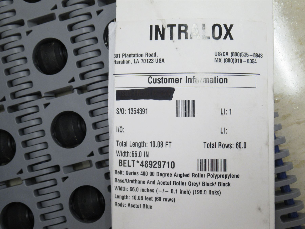 Intralox 48929710; Lot-3; Conveyor Belt; 3.3' Long x 66" Wide