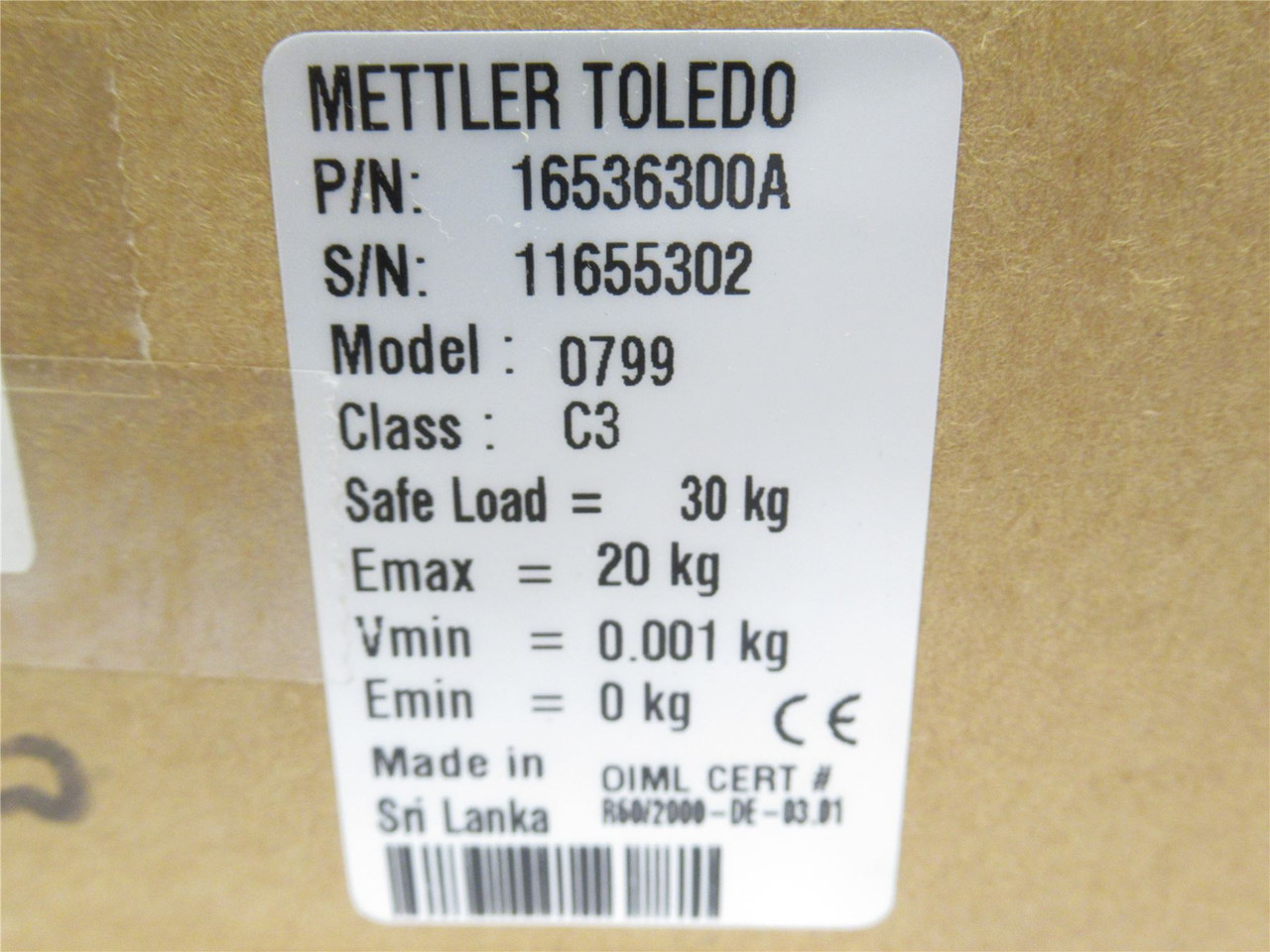 Mettler-Toledo 16536300A; Load Cell 0799; 20KG Safe Load:30kg