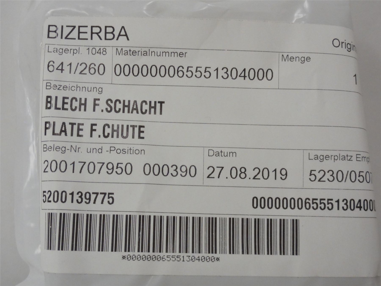 Bizerba 65551304000; Plate F.Chute; Label Guide