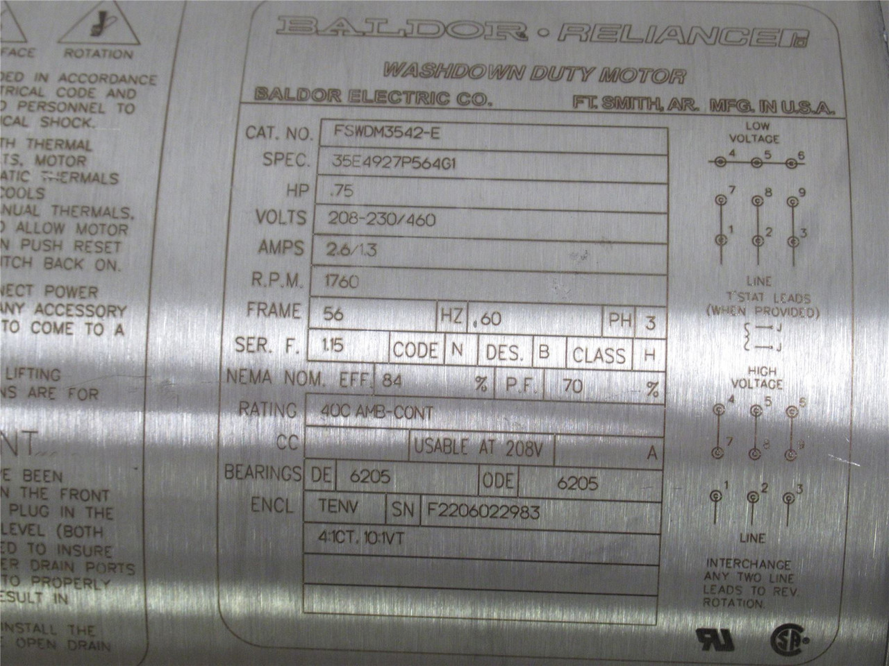 Blador FSWDM3542-E; AC Motor; SS; 3/4HP; 1760RPM 230/460VAC