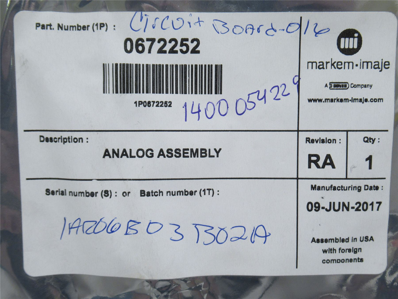 Markem 672252; Circuit Board; Analog