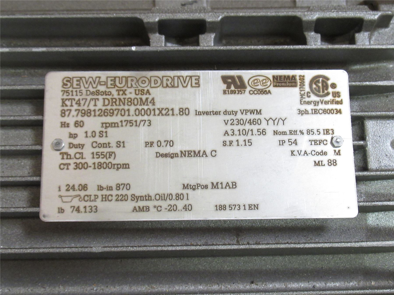 SEW KT47/T DRN80M4; Gearmotor; 24:1 Ratio; 1HP; 230/460VAC