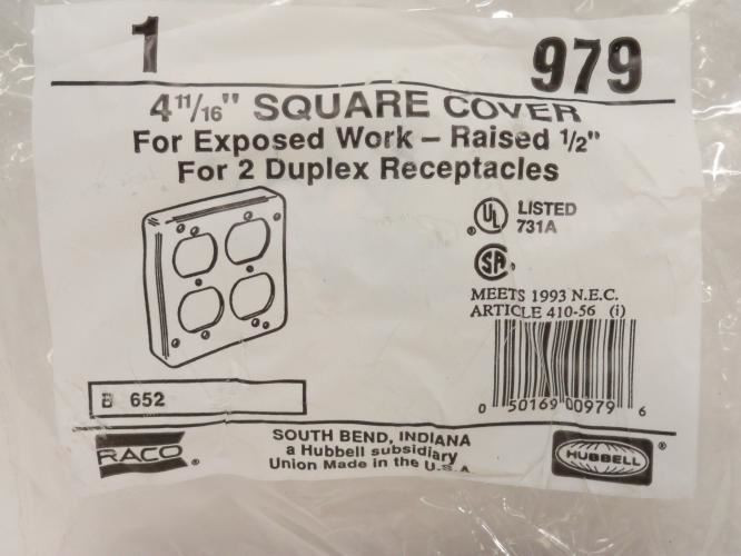 Raco 979; Square Exposed Work Cover; Duplex Receptacle