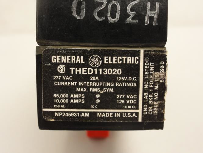 GE THED113020; Circuit Breaker; 20A; 1 Pole; 277 Vac