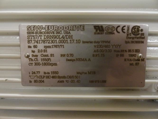 SEW ST57/TDRN90L4/DH; AC Gear Motor; 24.77:1 Ratio; 230/460VAC