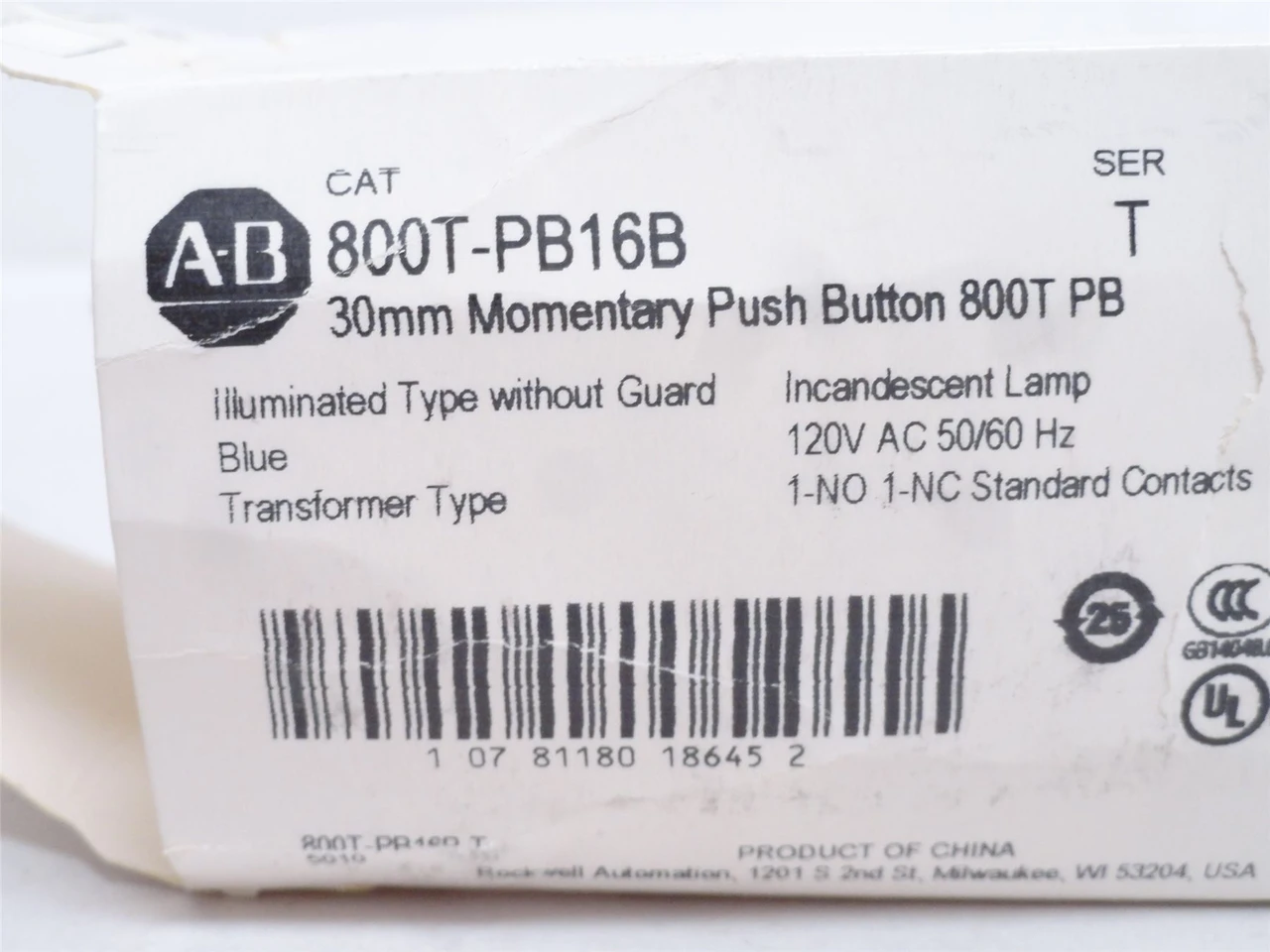 Allen-Bradley 800T-PB16B; Illuminated Blue Push Button 120VAC
