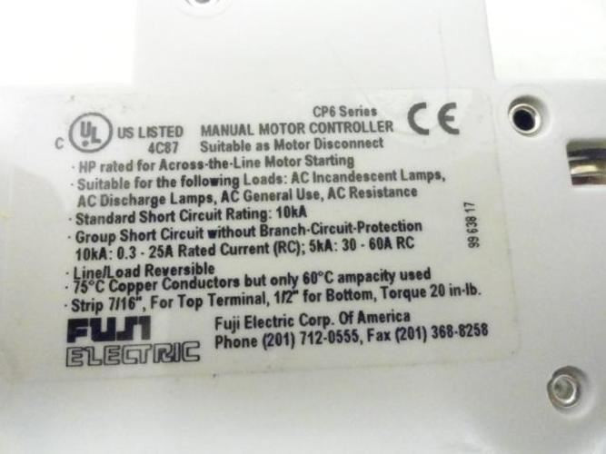 Fuji CP6 3EU2; Manual Motor Controller 2A; 480Y/277VAC; 10kA