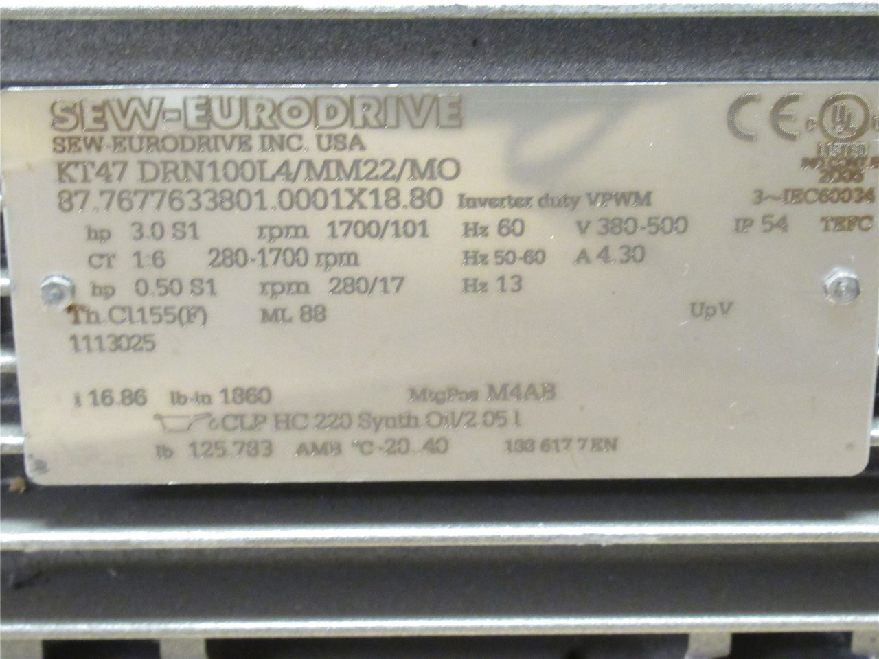 SEW KT47DRN100L4/MM22/MO; AC Gearmotor; 16.86:1 Ratio; 1/2HP