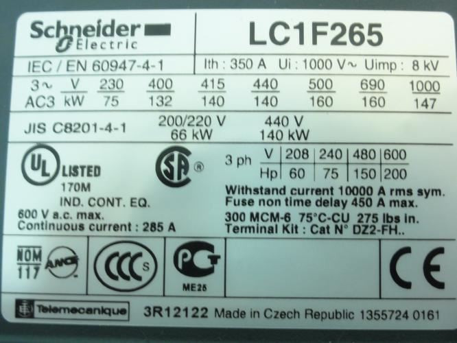 Schneider LC1F265; Contactor 265A 3P 600VAC Coil: 230VAC