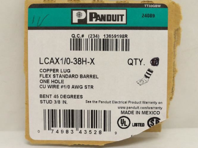 Panduit LCAX1/0-38H-X; Copper Compression Lug # 1/0 AWG