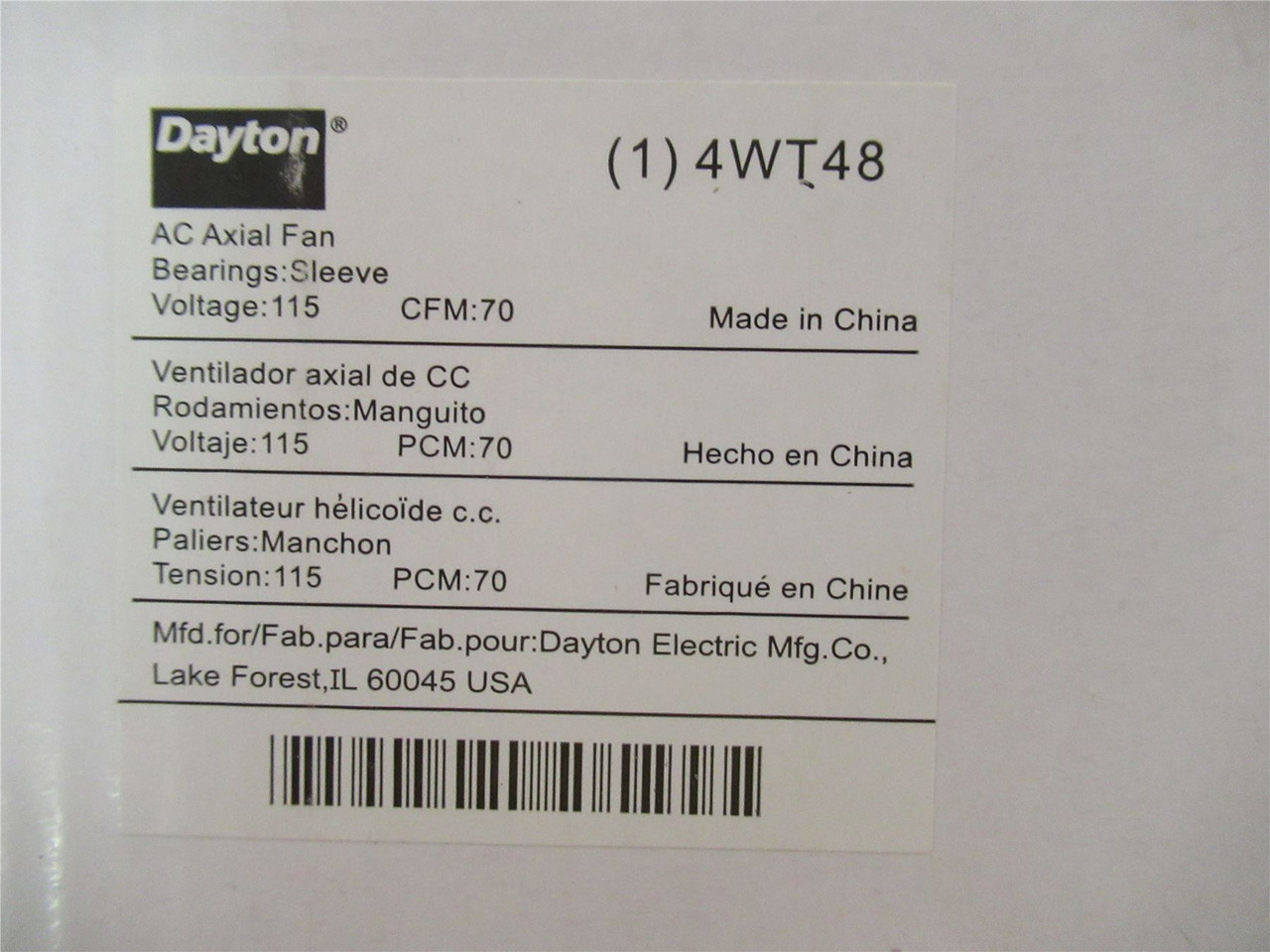Dayton 4WT48; AC Fan 70 cfm Airflow Terminals IP20 115V AC