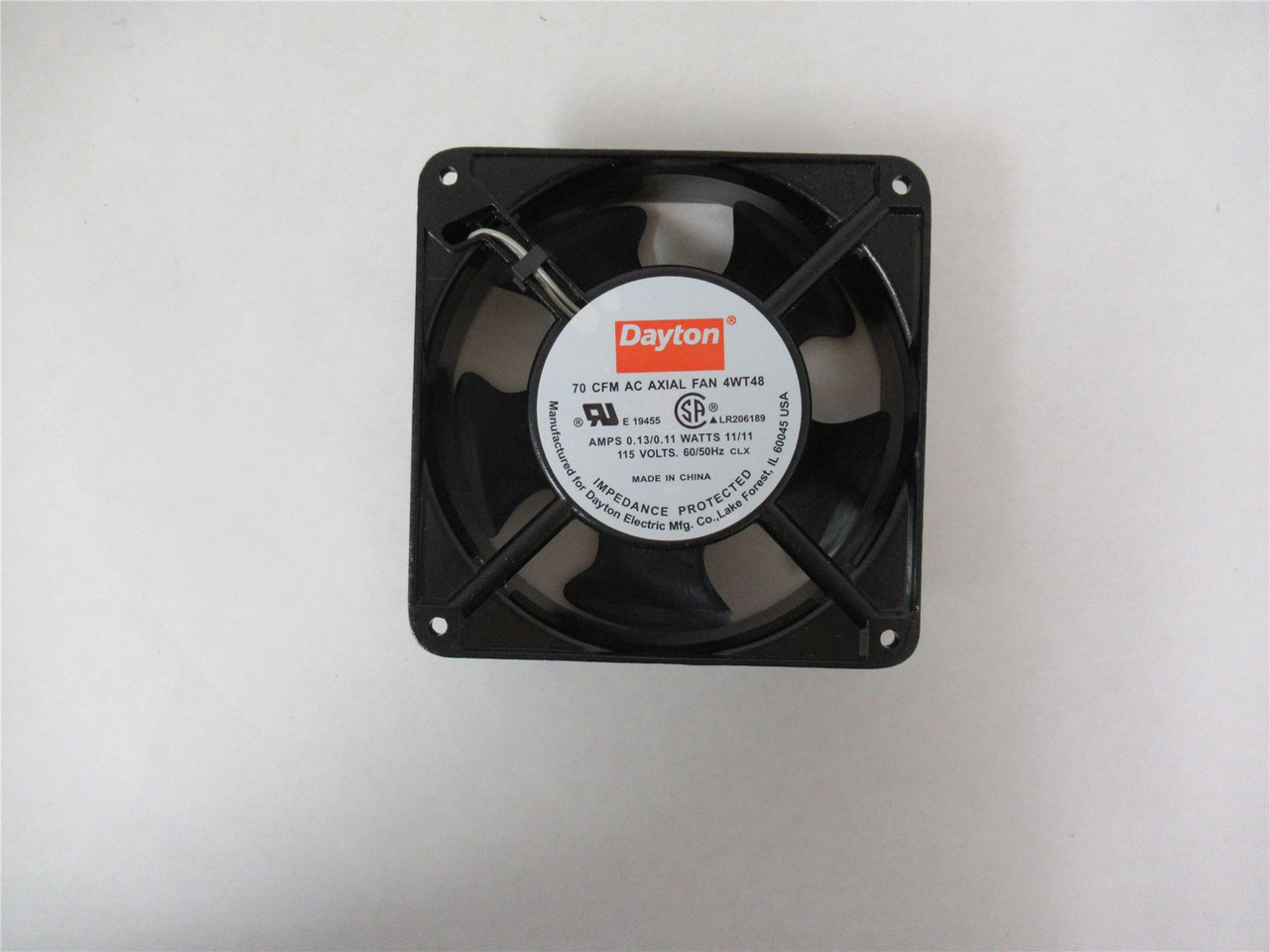 Dayton 4WT48; AC Fan 70 cfm Airflow Terminals IP20 115V AC