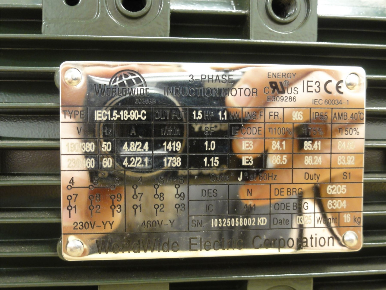 WorldWide Electric IEC1.5-18-90-C; Motor; 1-1/2HP; 230/460VAC