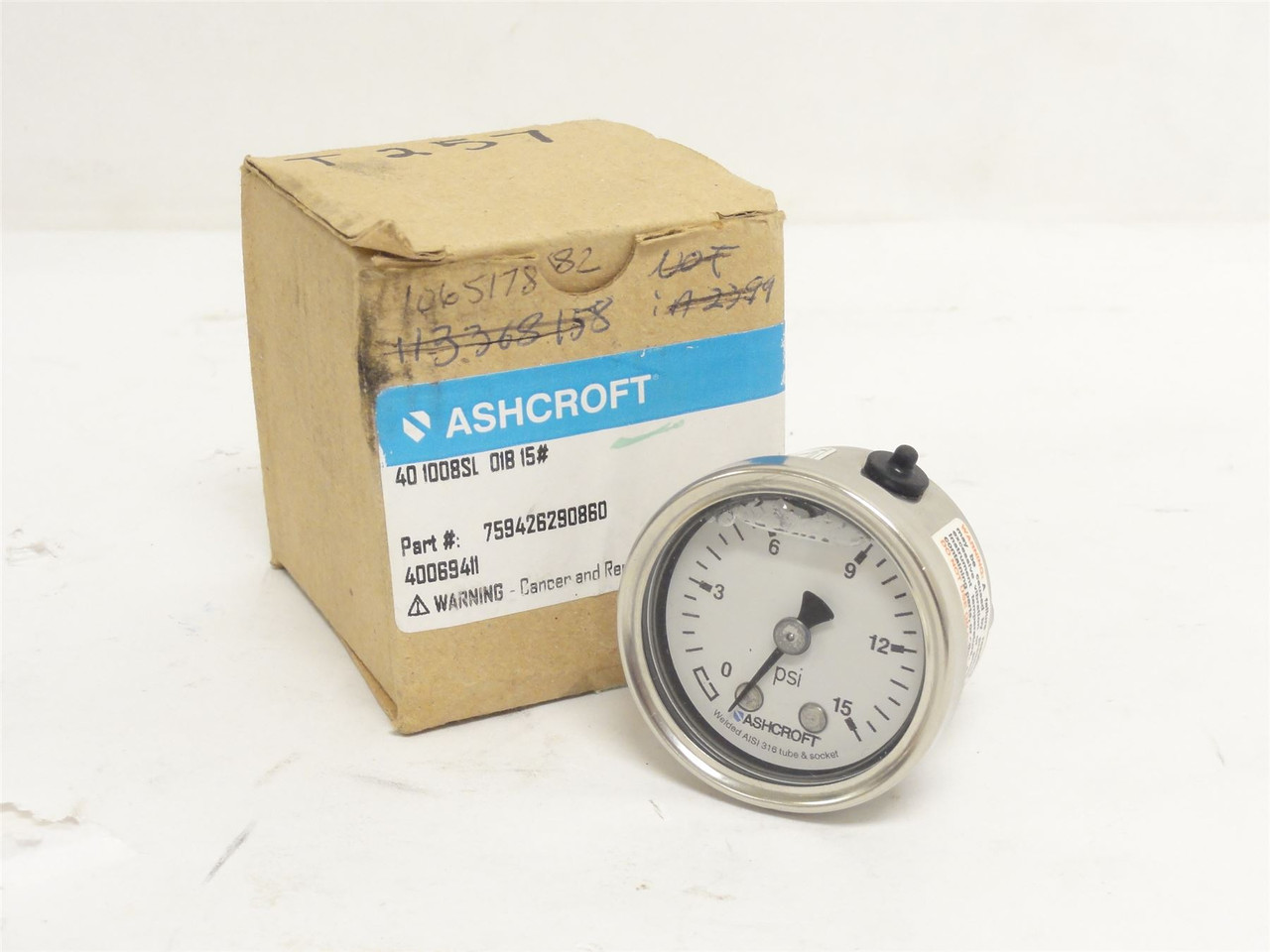 Ashcroft 759426290860; Liquid-Filled Pressure Gauge; 0-15PSI