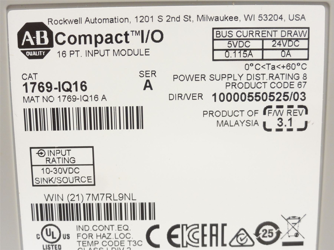 Allen-Bradley 1769-IQ16; Compact I/O Module; 24VDC; 16 Ch