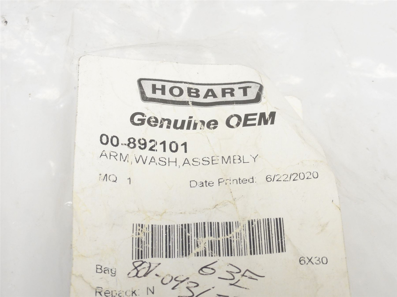 Hobart 00-892101; Wash Arm Assembly; Lx18; LX18H; LX30; LXiC