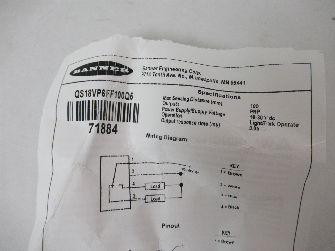 Banner QS18VP6FF100Q5; Photo Sensor 100 MM Range Cutoff
