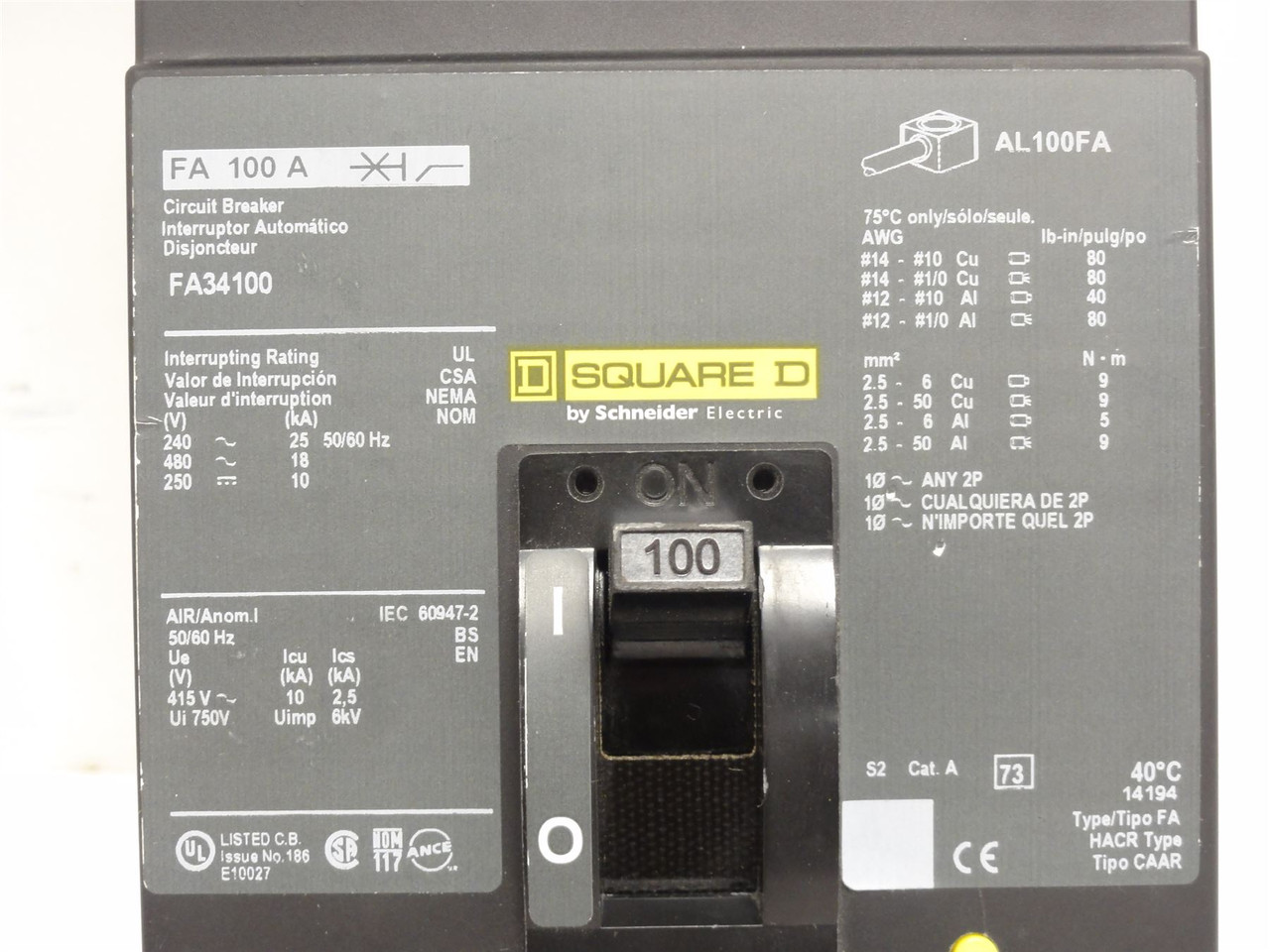 Square D FA34100; Circuit Breaker; 100 Amps; 480VAC; 3-Pole