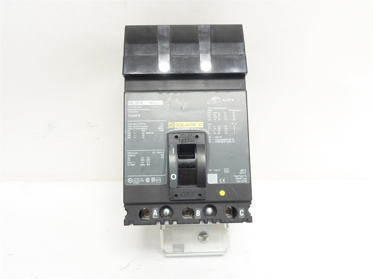 Square D FA34015; Circuit Breaker; 15 Amps; 480VAC; 3-Pole