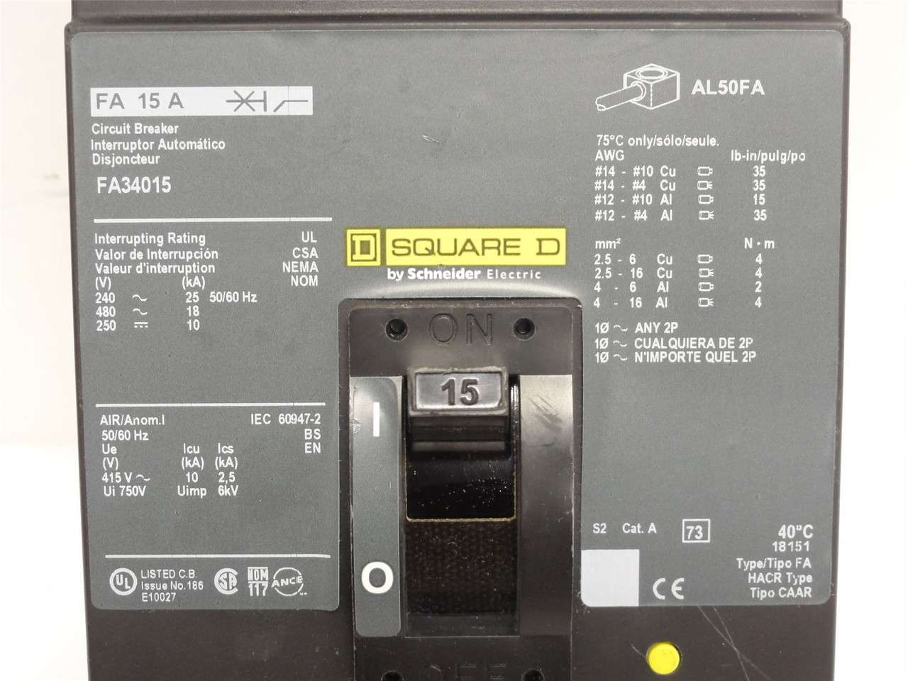 Square D FA34015; Circuit Breaker; 15 Amps; 480VAC; 3-Pole