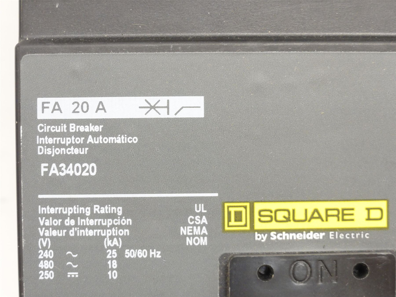 Square D FA34020; Circuit Breaker; 20 Amps; 480VAC; 3-Pole