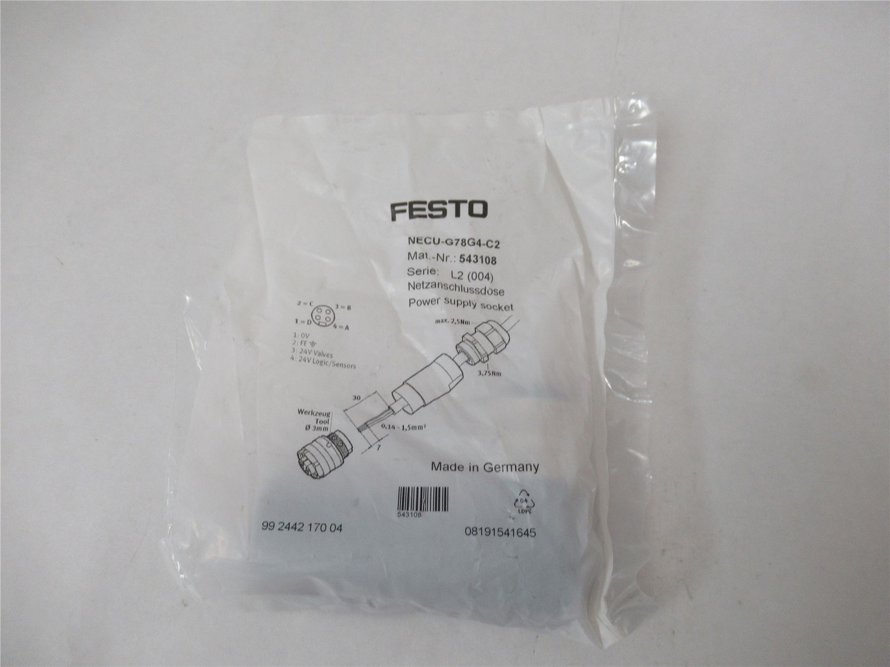 Festo NECU-078G4-C2; Power Supply Socket 250VAC/DC 10A 543108