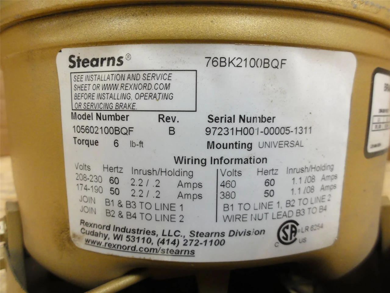 Baldor VEBM3546; Brake Motor 1HP; 208-230/460VAC; 1760RPM; 3PH