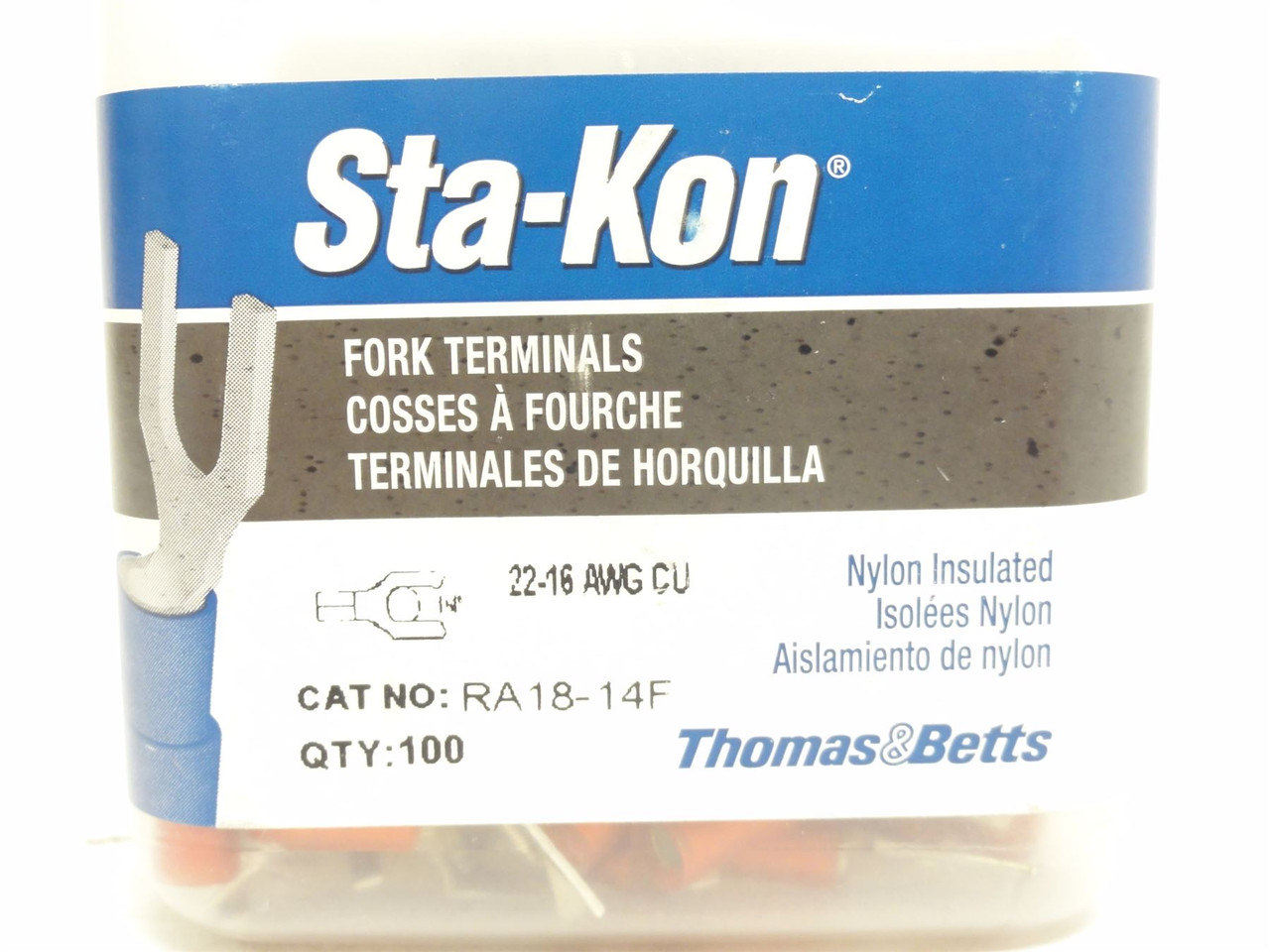 Thomas Betts RA18-14F; Lot-100 Fork Terminals; 22-16AWG;