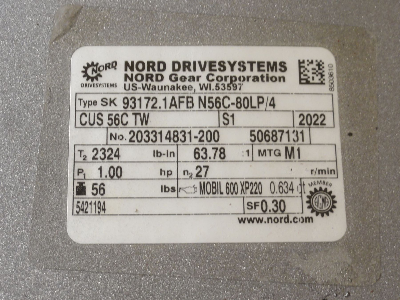 Nord SK93172.1AFB N56C-80LP/4; Gearmotor; 63.78:1 Ratio; 1HP