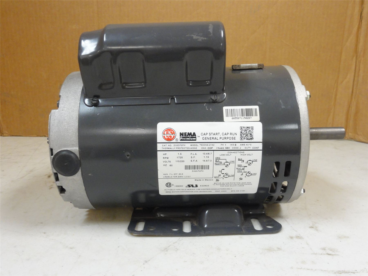 US Motors D32CP2PH; Motor 1-1/2HP 115/230VAC; 1725RPM; 1Ph