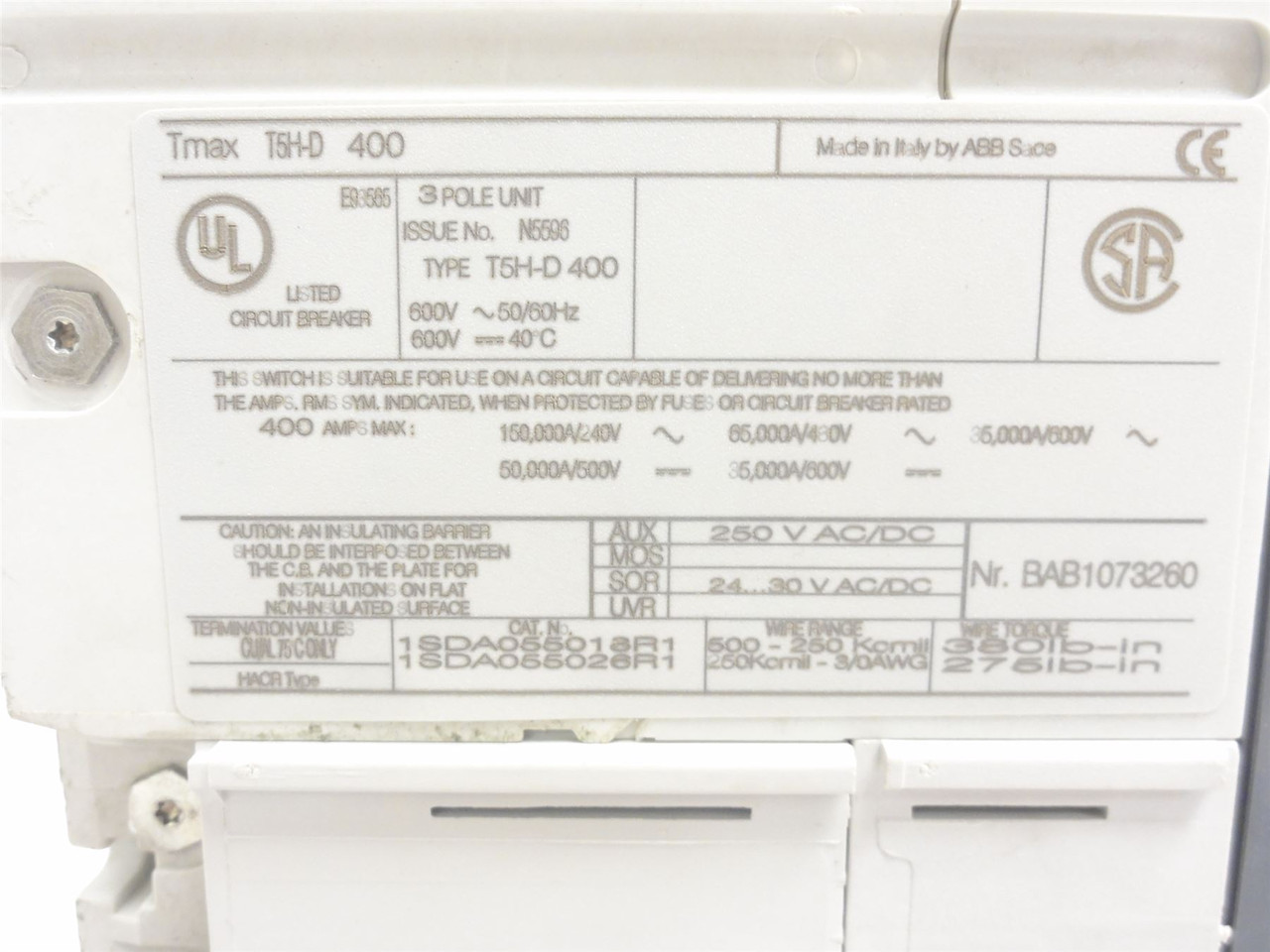 ABB T5H400DW; Tmax Molded Case Switch 400A; 3P; 600V