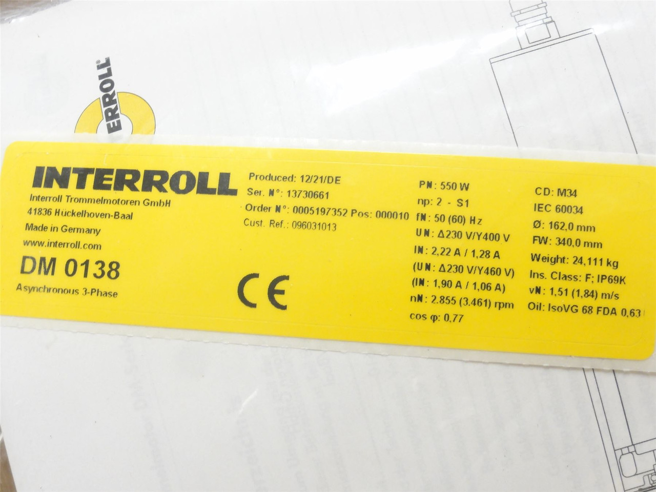 Interroll DM0138; Drum Motor 340mm Belt Width 230VAC 1.51m/s