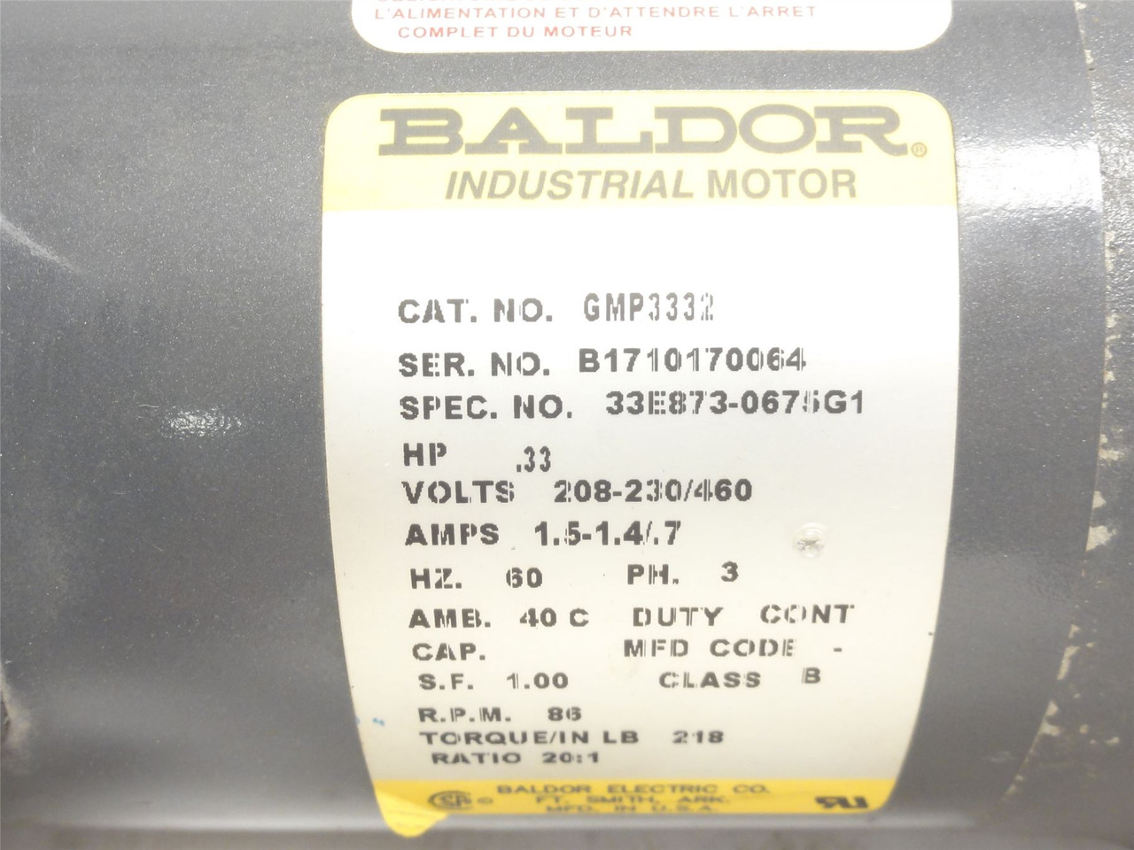 Baldor GMP3332; Parallel Gear Motor; 20:1 Ratio; 1/3HP; 86RPM
