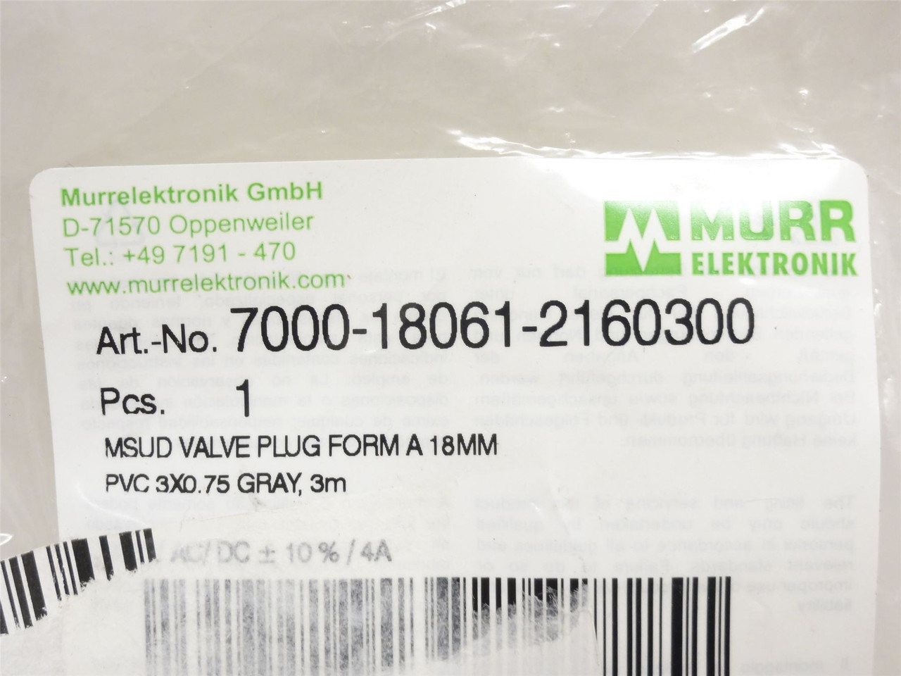 Murr Electronik 7000-18061-2160300; Actuator Cable; 3m Long