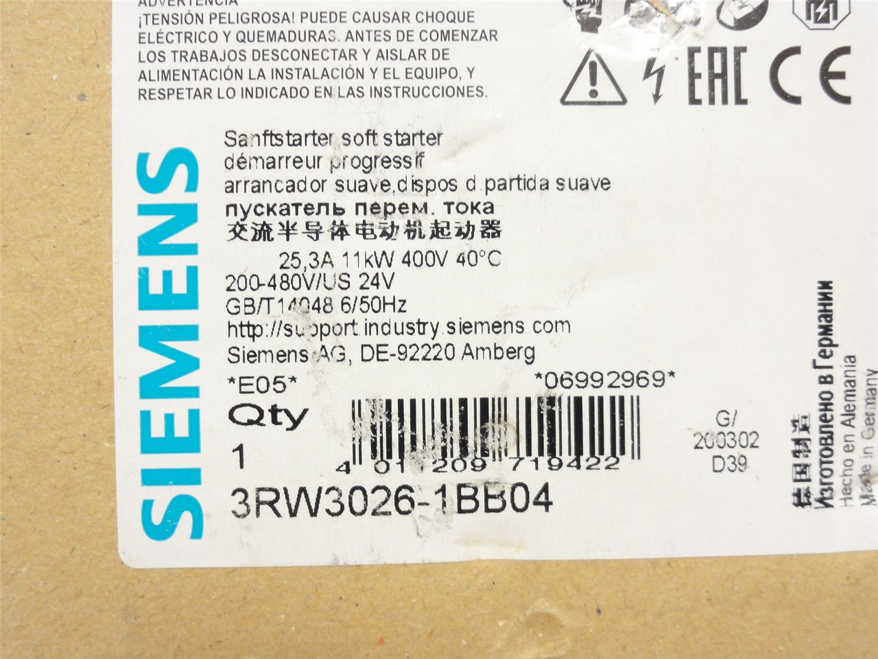 Siemens 3RW3026-1BB04; Soft Starter 25A 3P 460VAC; Coil 24VDC